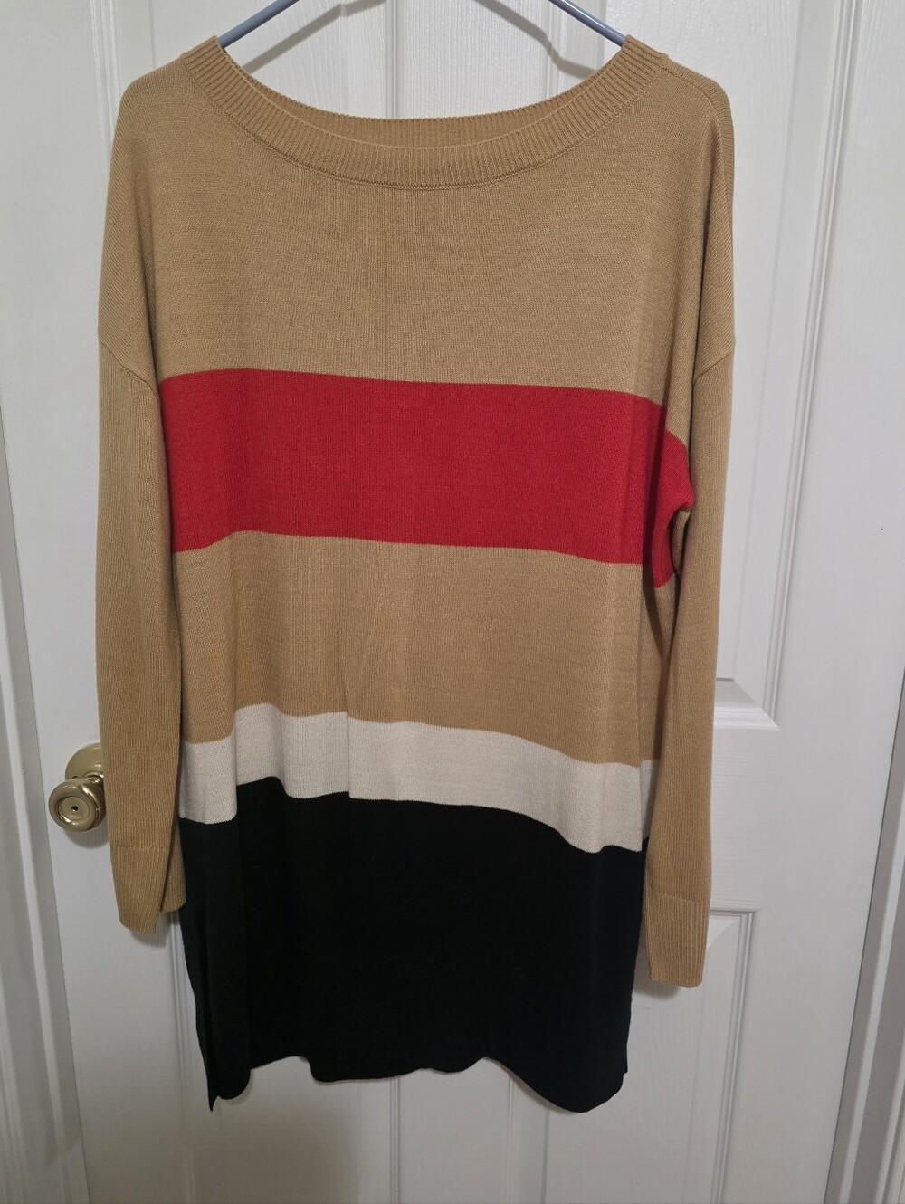 New York & Company Tan Red White Black Striped Crewneck Sweater